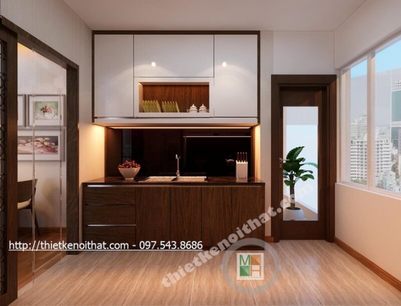 Thiết kế phòng bếp chung cư gọn gàng đơn giản mà vẫn đảm bảo được tính tiện nghi của nội thất Thiết kế phòng bếp