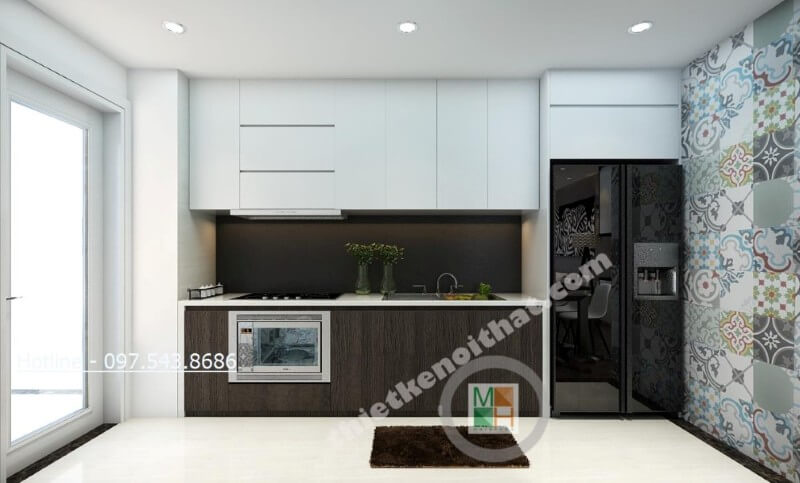 Với lối thiết kế khéo léo, hợp lí, phần tủ bếp được sắp xếp hướng ra ngoài ban công tạo cảm giác thông thoáng hơn cho căn bếp của gia chủ Thiết kế phòng bếp