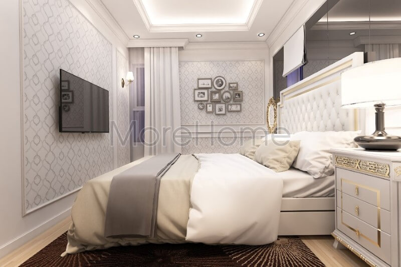 Mẫu giường ngủ tân cổ điển đầu giường bọc da được coi là điểm nhấn cho một không gian riêng tư sang trọng và ấn tượng Mẫu thiết kế nội thất chung cư đẹp