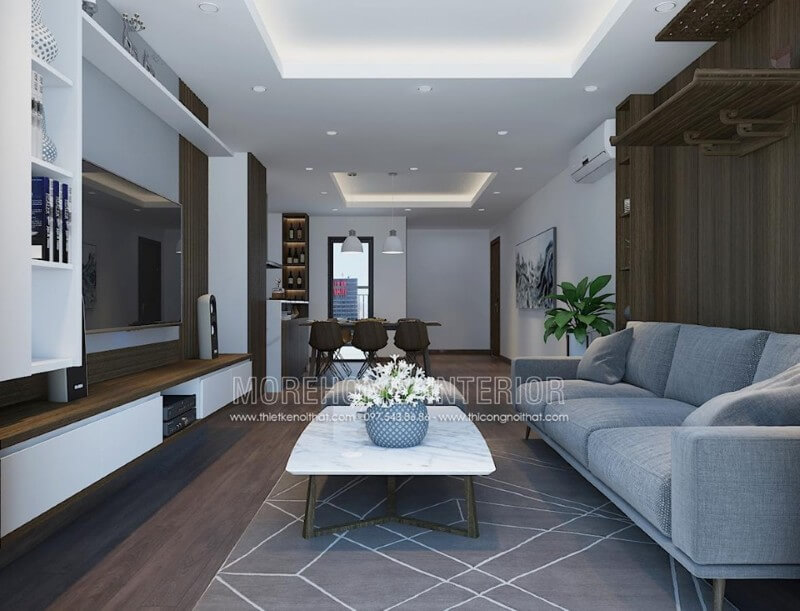 Sofa vải màu xanh trẻ trung là điểm nhấn nổi bật cho không gian phòng khách Mẫu thiết kế nội thất chung cư đẹp