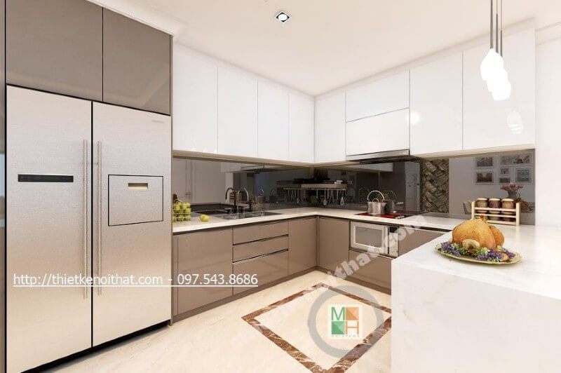 . Mẫu thiết kế nội thất này đã chọn màu sắc cho kính ốp bếp tối để đảm bảo sự sạch sẽ, không bị bắt bụi và tránh dính bẩn trong quá trình đun nấu.