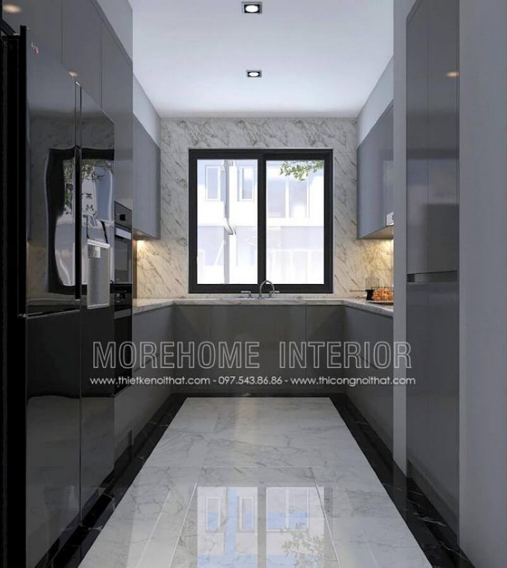 Xu hướng trang trí nội thất phòng bếp bằng gỗ công nghiệp acrylic màu xám cùng mảng tường lớn được trang trí bởi đá nhân tạo là một lựa chọn để giúp bạn giảm thời gian vệ sinh phòng bếp mà vẫn giữ được vẻ đẹp của nó. Đây là một điểm nhấn đáng chú ý.